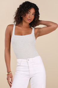 Casual Adventures Ivory Striped Ribbed Sleeveless Bodysuit 5