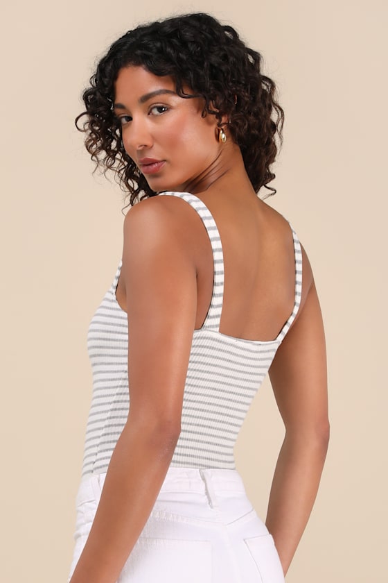 Ivory Striped Bodysuit - Square Neck Top - Sleeveless Bodysuit - Image 2