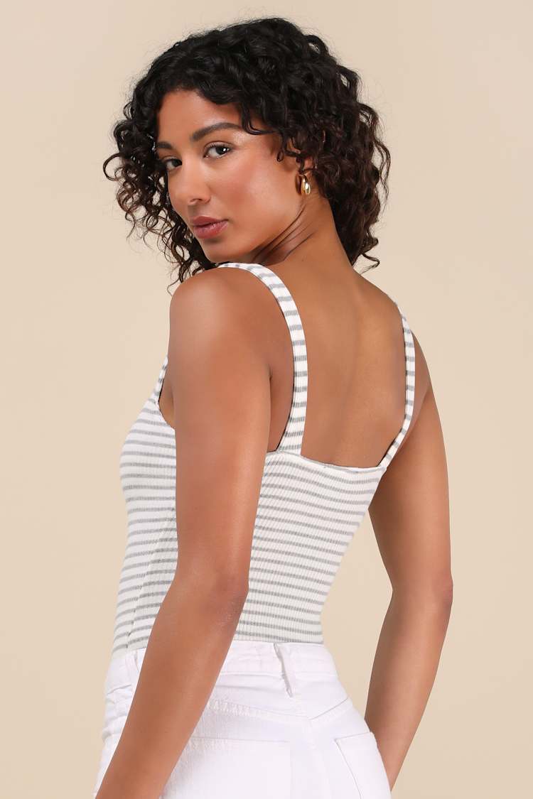 Casual Adventures Ivory Striped Ribbed Sleeveless Bodysuit