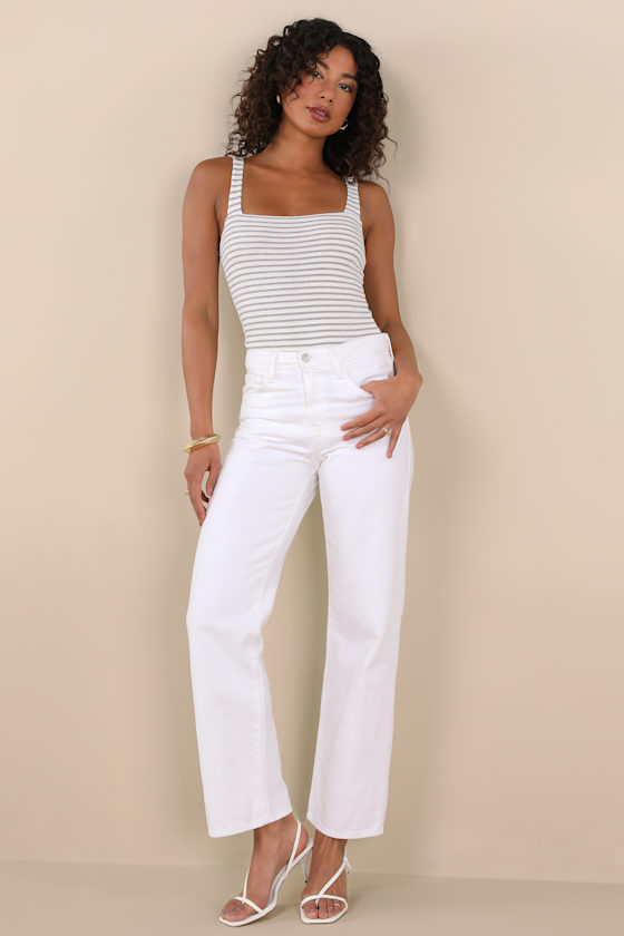 Ivory Striped Bodysuit - Square Neck Top - Sleeveless Bodysuit - Image 3