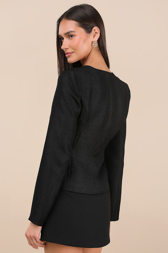 LULUS HULDA BLACK TEXTURED BUTTON-FRONT LONG SLEEVE BLAZER