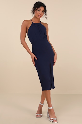 Dreamy Date Night Navy Blue Sleeveless Midi Dress