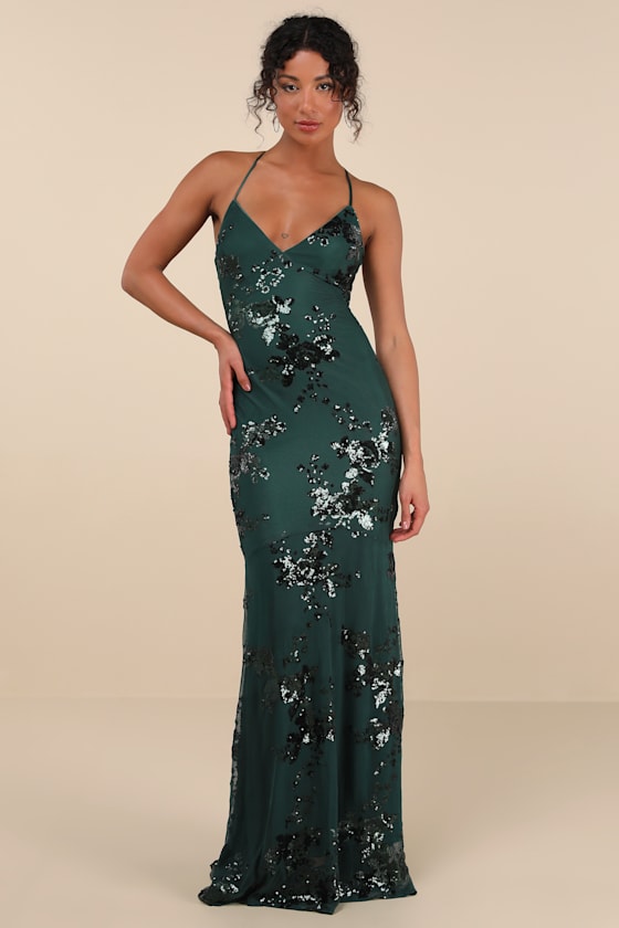 Valhalla Forest Green Sequin Lace-Up Maxi Dress 10