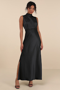 Classic Elegance Black Satin Sleeveless Mock Neck Maxi Dress 12