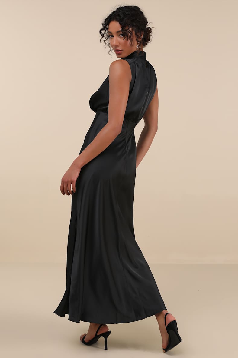 Classic Elegance Black Satin Sleeveless Mock Neck Maxi Dress