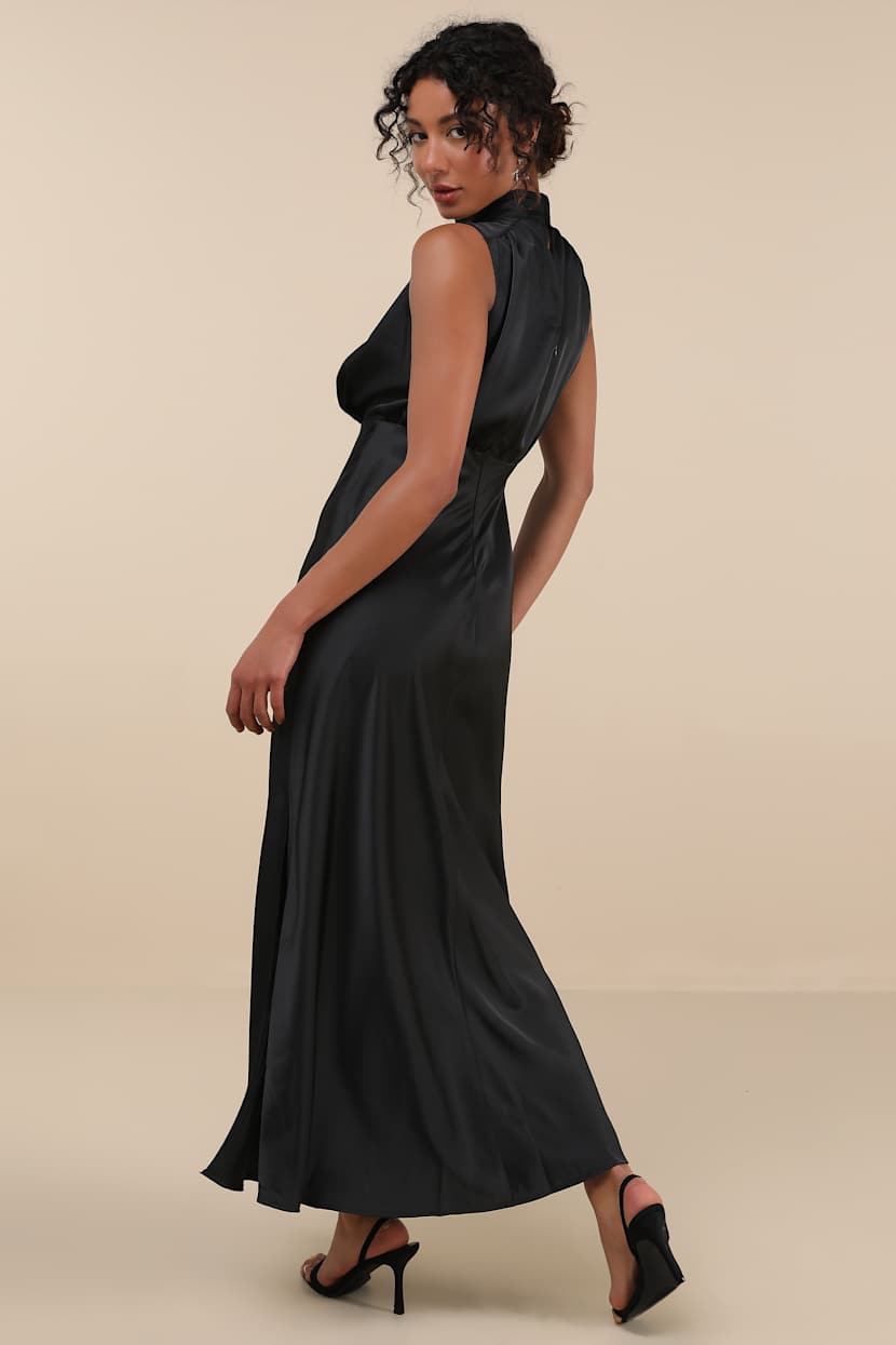 Classic Elegance Black Satin Sleeveless Mock Neck Maxi Dress