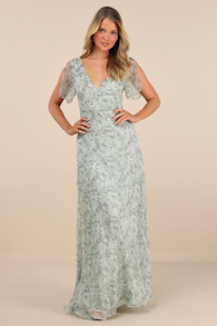 Dreamiest Desires Sage Green Floral Flutter Sleeve Maxi Dress