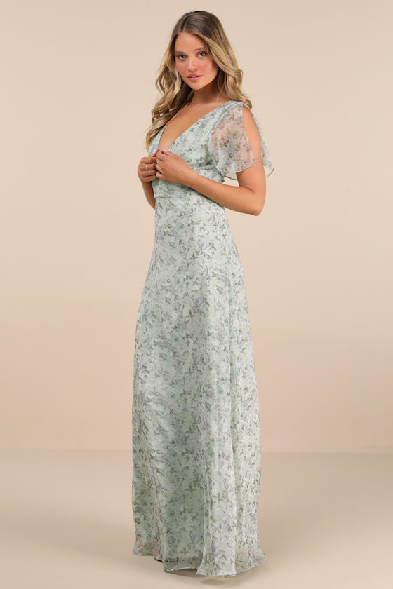 Shop Lulus Dreamiest Desires Sage Green Floral Flutter Sleeve Maxi Dress
