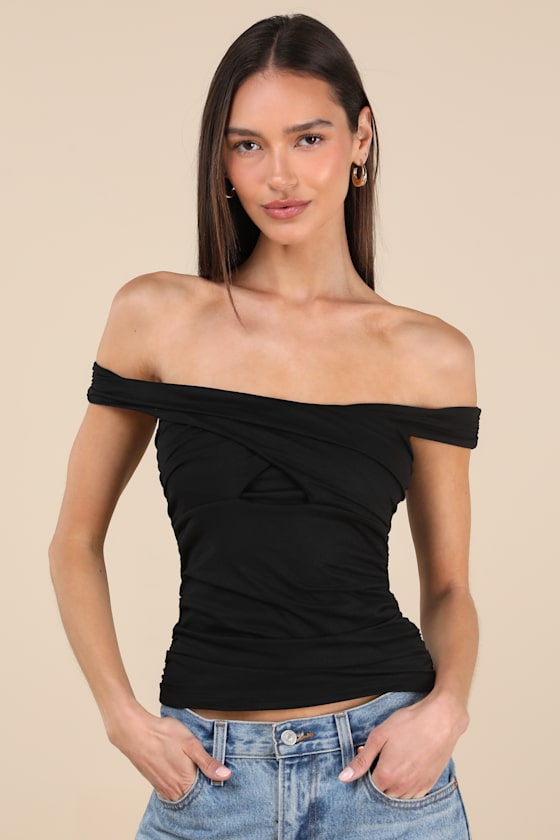 Black Cross-Front Top - Off-the-Shoulder Top - Black Ruched