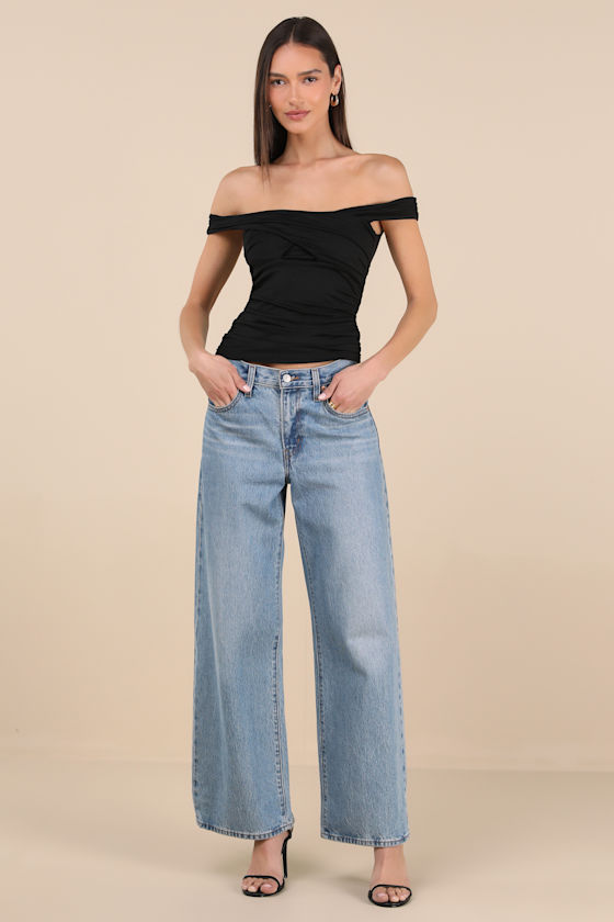 LULUS ELOWYN BLACK CROSS-FRONT OFF-THE-SHOULDER TOP 