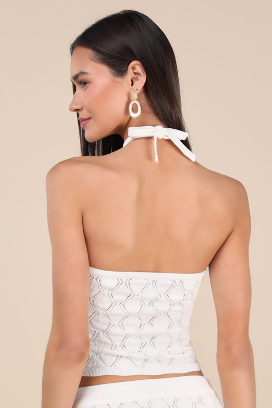 Rhythm Daisy Ivory Pointelle Knit Halter Crop Top In White