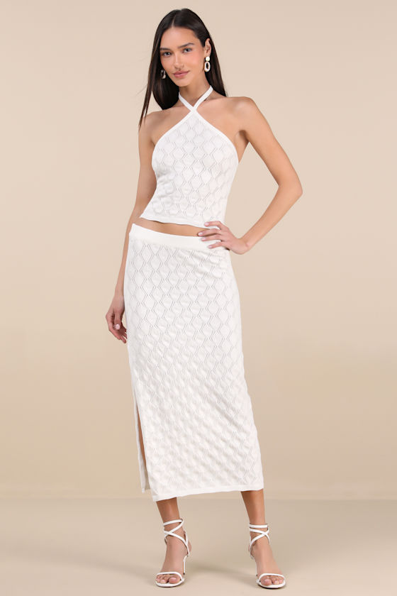 Rhythm Daisy Ivory Pointelle Knit Halter Crop Top In White