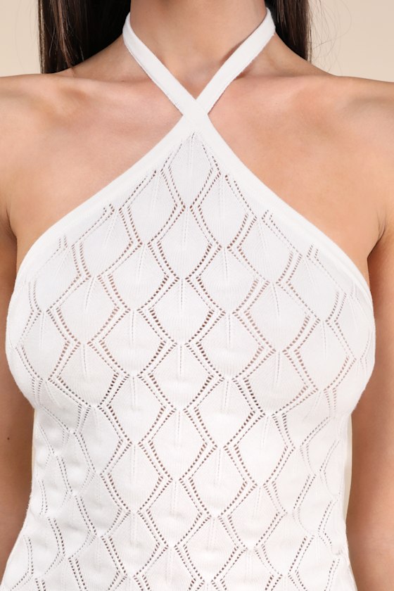 Rhythm Daisy Ivory Pointelle Knit Halter Crop Top In White