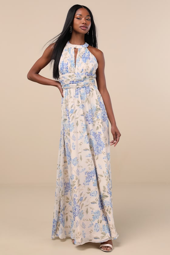 Sintra Beige and Blue Floral Pleated Backless Maxi Dress 1