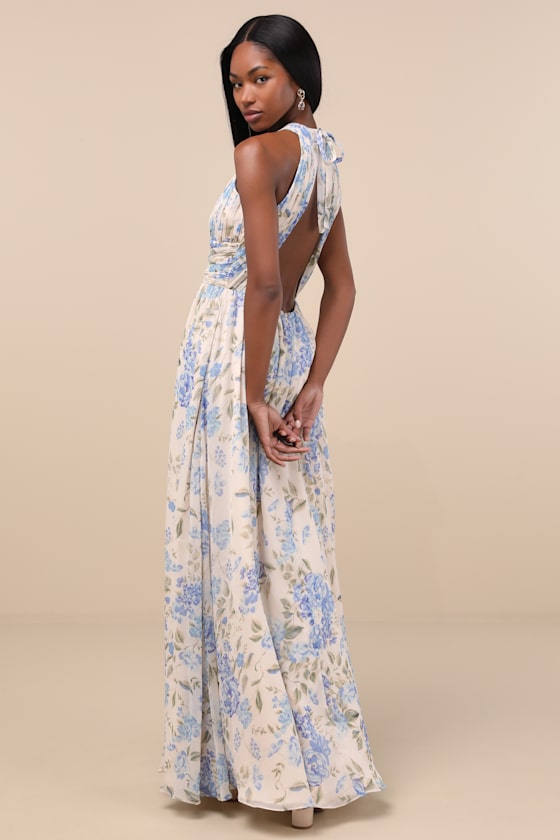 Lulus Sintra Beige And Blue Floral Pleated Backless Maxi Dress