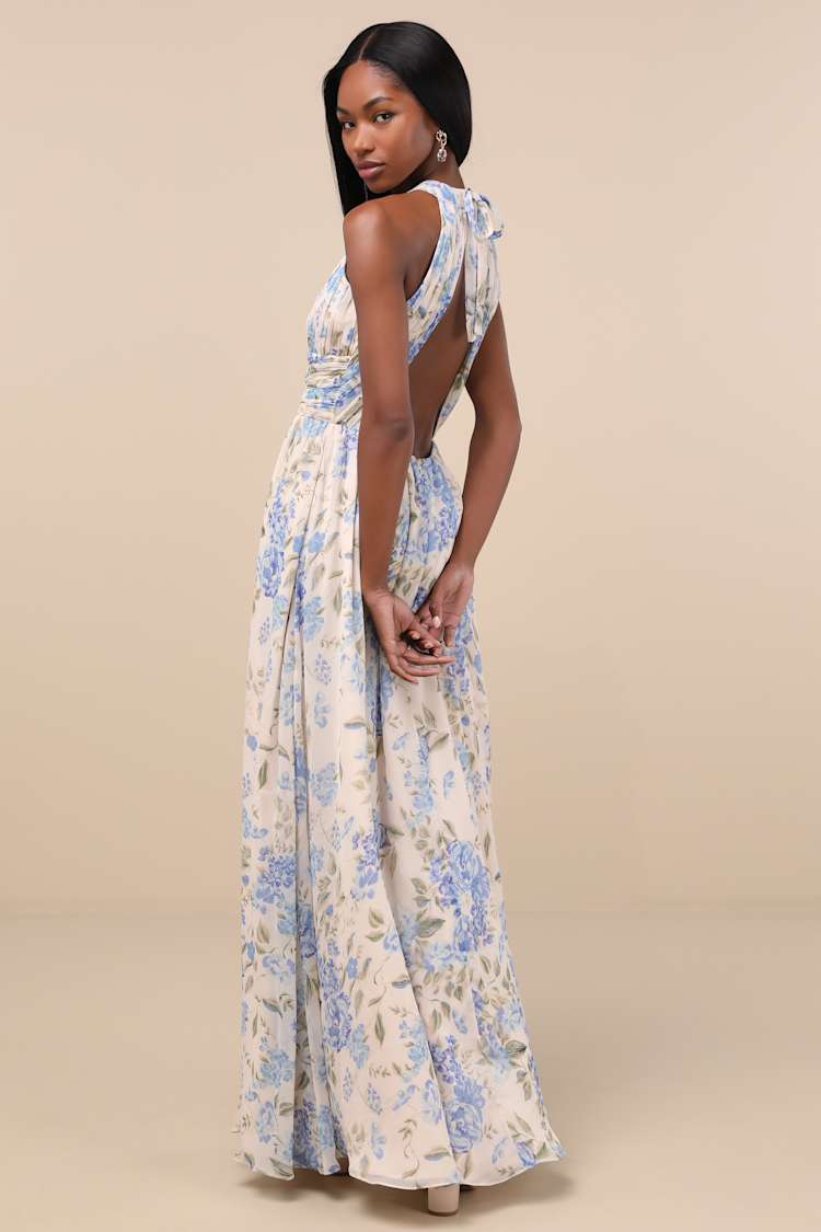 Sintra Beige and Blue Floral Pleated Backless Maxi Dress