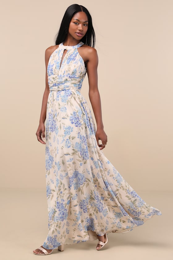 Lulus Sintra Beige And Blue Floral Pleated Backless Maxi Dress