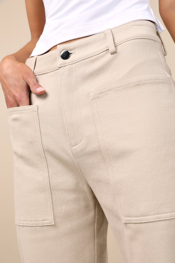 Lulus Filomena Beige Twill Barrel Pants In Beige