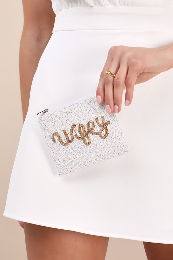 Wifey White and Gold Beaded Zipper Pouch