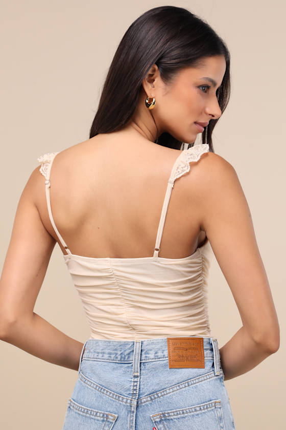 Lulus Norina Beige Mesh Ruched Lace Bodysuit