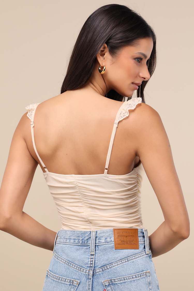 Norina Beige Mesh Ruched Lace Bodysuit