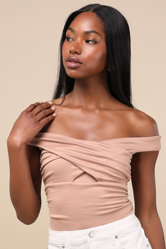 LULUS ELOWYN LIGHT BLUSH CROSS-FRONT OFF-THE-SHOULDER TOP