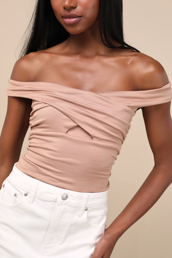 LULUS ELOWYN LIGHT BLUSH CROSS-FRONT OFF-THE-SHOULDER TOP