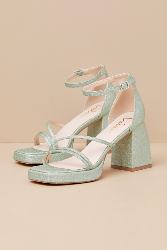 Lulus Antinea Green Glitter Platform Ankle Strap High Heel Sandals