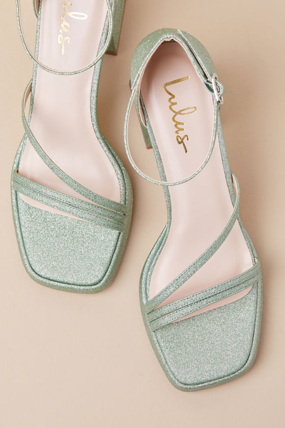 Lulus Antinea Green Glitter Platform Ankle Strap High Heel Sandals