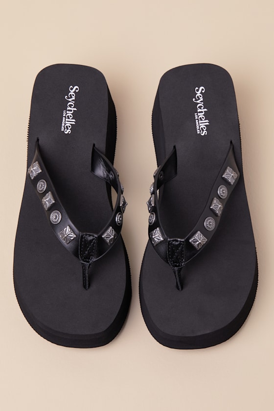 SEYCHELLES SKYSCRAPER BLACK STUDDED PLATFORM THONG SANDALS