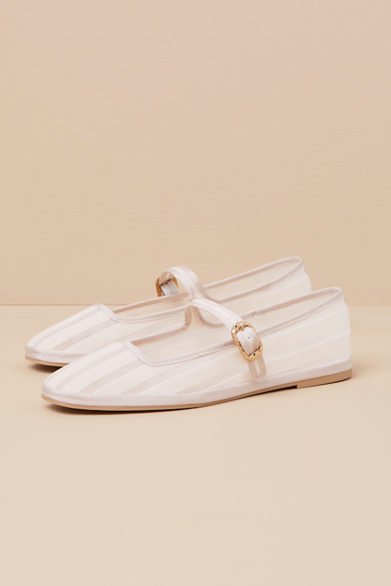 Dolce Vita Tameka Bone Mesh Striped Buckle Ballet Flats In White