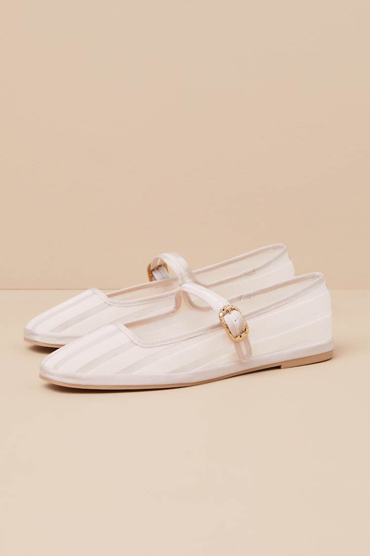 Tameka Bone Mesh Striped Buckle Ballet Flats
