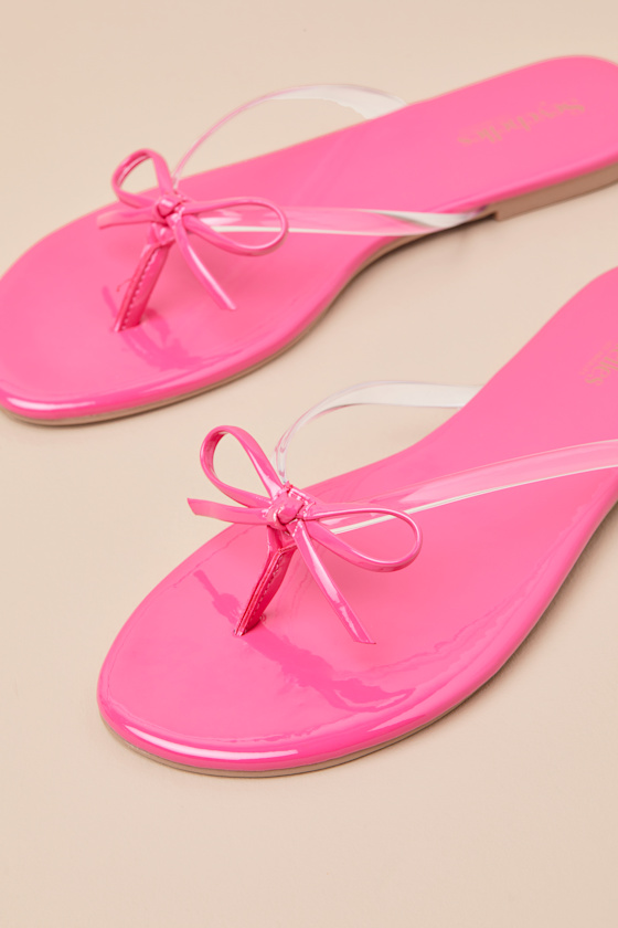 SEYCHELLES WISH LIST II FUCHSIA PATENT BOW THONG SANDALS