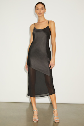 Lulus | Black Satin and Chiffon Midi Slip Dress | Womens | X-Small (Available in S) | 100% Polyester Lulus | Black Satin and Chiffon Midi Slip Dress | Womens | X-Small (Available in S) | 100% Polyester