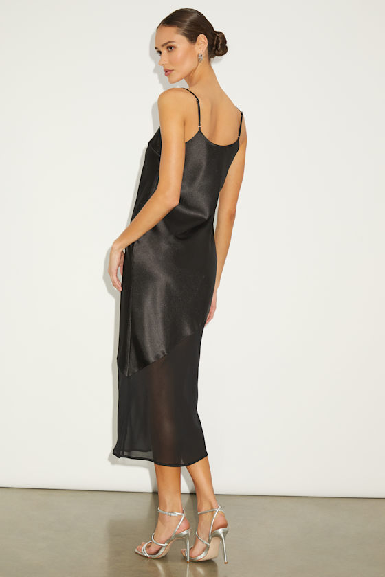 Lulus Drew Black Satin Scoop Neck Midi Dress In Black