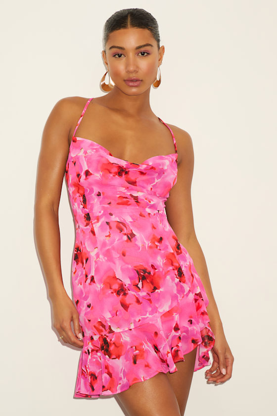 Cina Hot Pink Floral Lace-Up Mini Dress 2