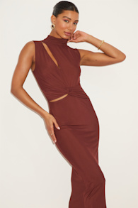 Kamara Brown Mesh Cutout Knotted Midi Dress
