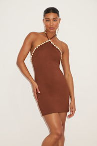 Azeneth Brown Shell Bodycon Halter Mini Dress 1