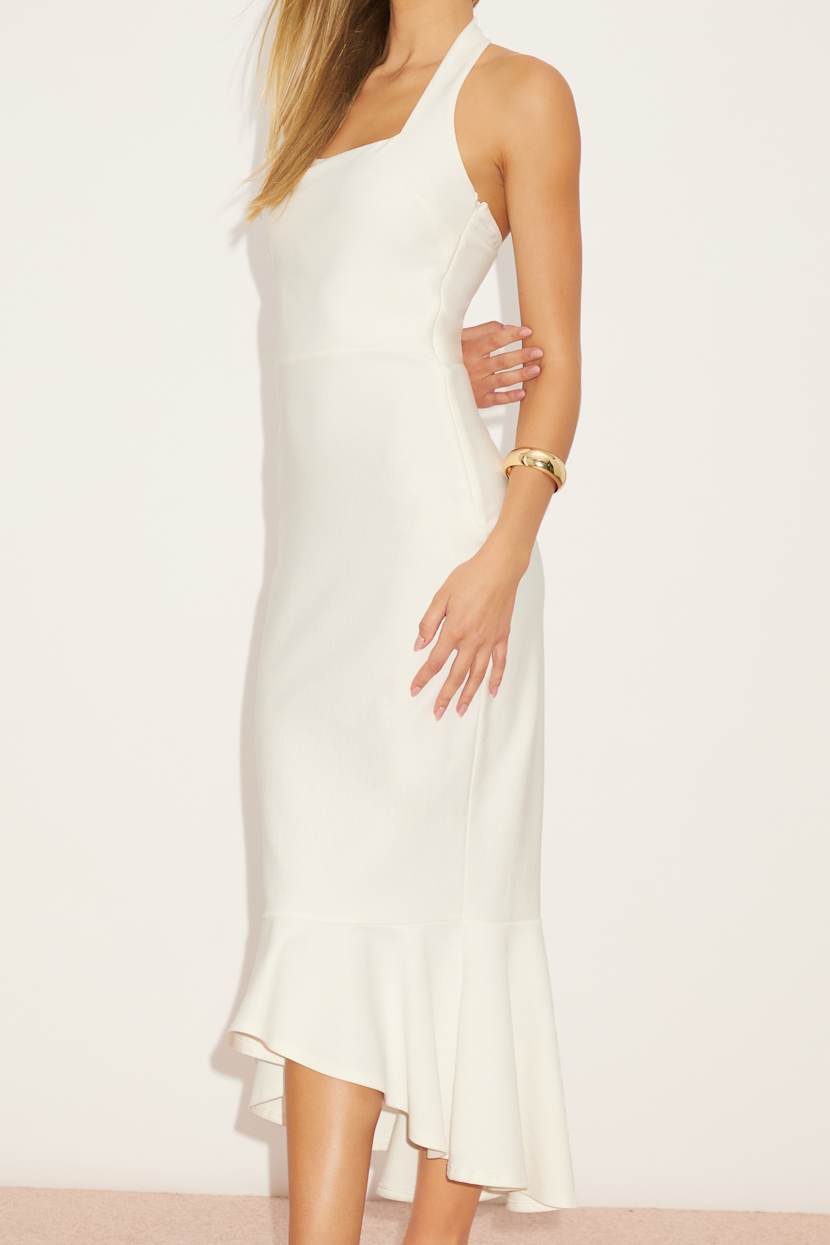 white halter neck midi dress Engagement Party Backless With Draped and Tiered Hem Fully lined for comfort Elliott A-Line Halter Neck Midi