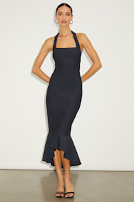 Londa Dark Navy Halter Neck Trumpet Midi Dress