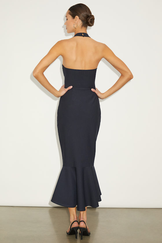 Shop Lulus Londa Dark Navy Halter Neck Trumpet Midi Dress