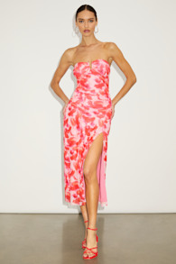 Chania Pink Multi Abstract Strapless Midi Dess 4