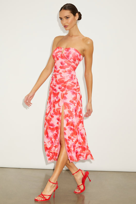 Lulus Chania Pink Multi Abstract Strapless Midi Dess