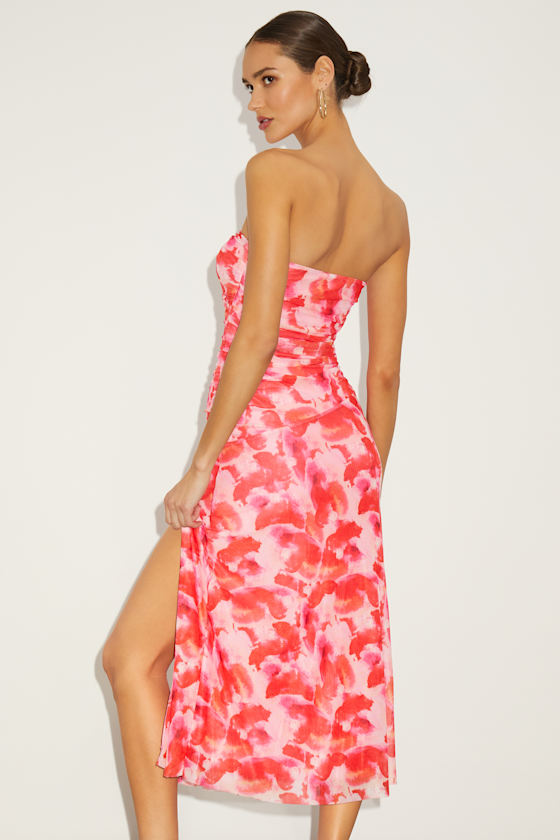 Lulus Chania Pink Multi Abstract Strapless Midi Dess