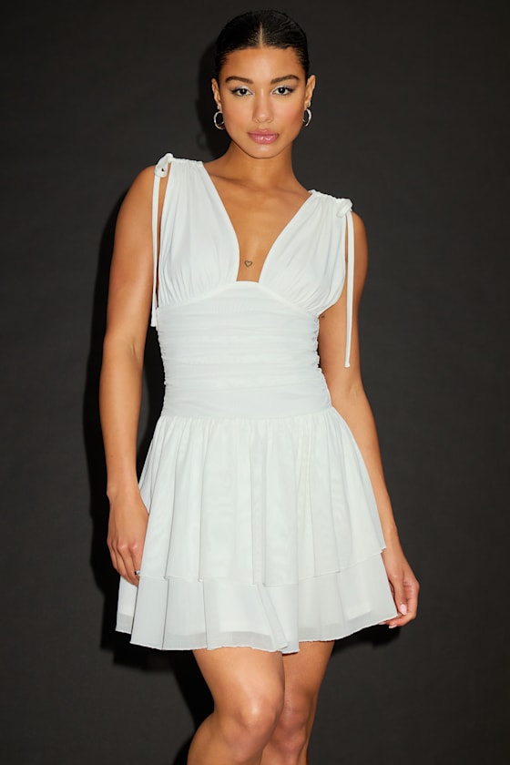 Lulus Luisella White Mesh Ruched Tiered Mini Dress