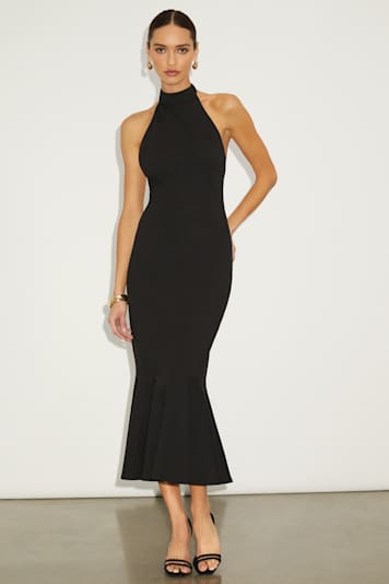 Roselyn Black and White Off-the-Shoulder Midi Dress