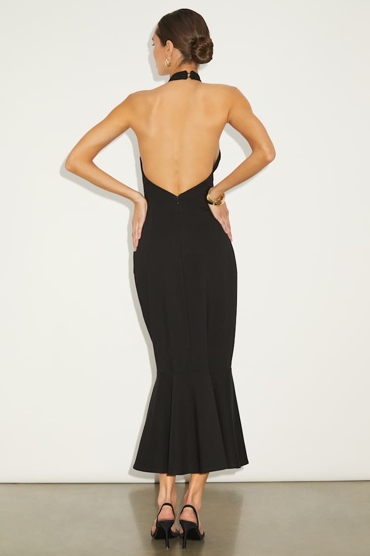 Chic Masterpiece Black Backless Trumpet Hem Midi Dress
