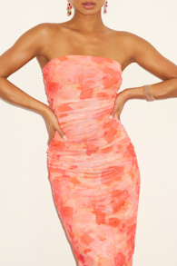 Late Night Crush Orange Multi Mesh Ruched Strapless Midi Dress 2