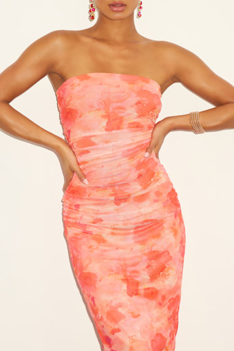 Late Night Crush Orange Multi Mesh Ruched Strapless Midi Dress 2