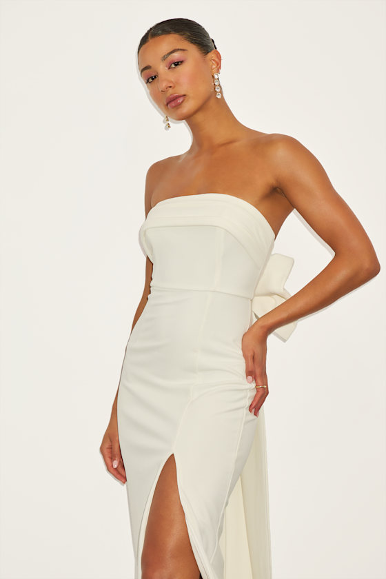 Image of Fabulous Phenomenon White Strapless Bow Midi Dress